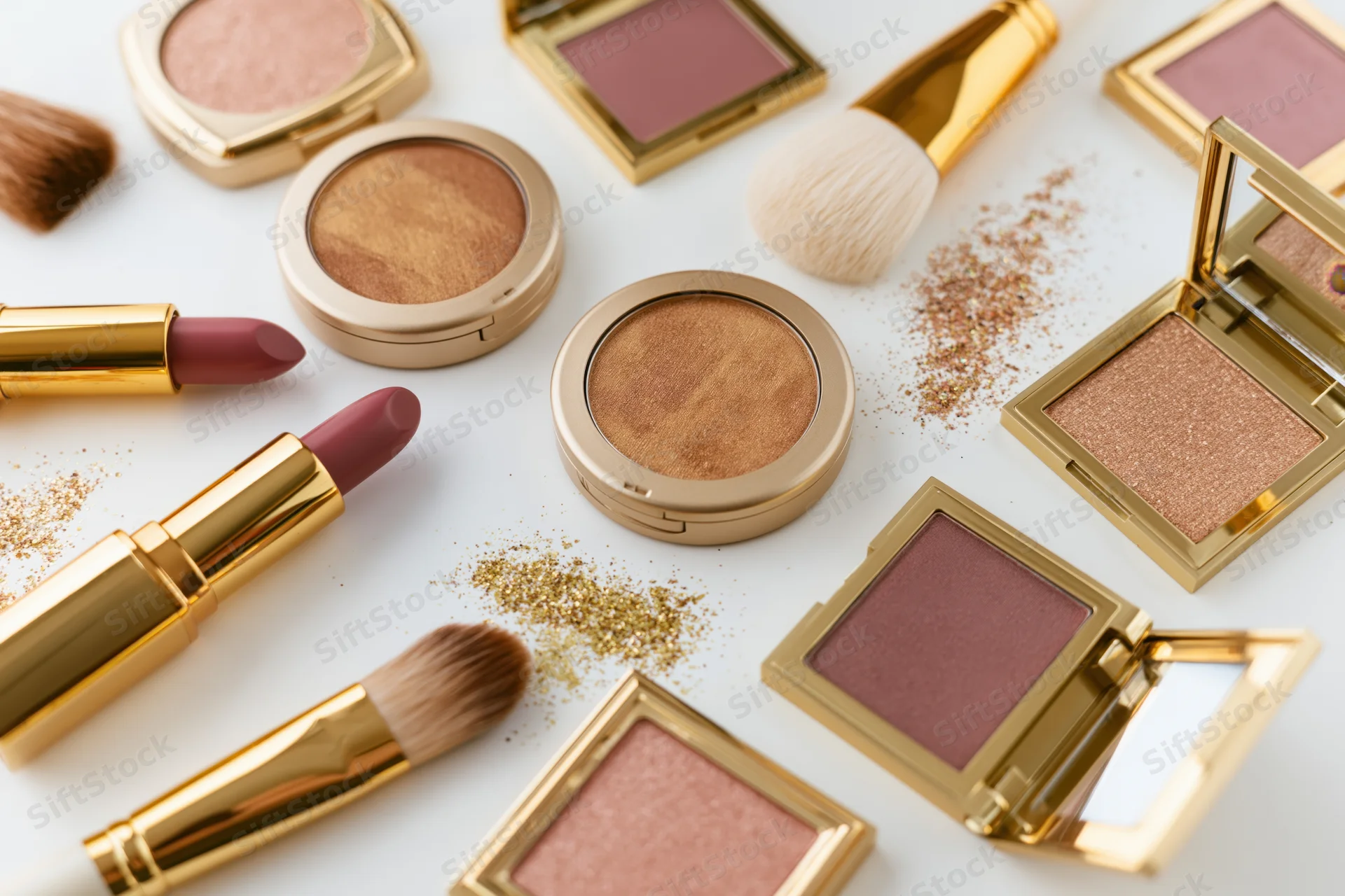 Assorted makeup products arranged in flat lay on white surface