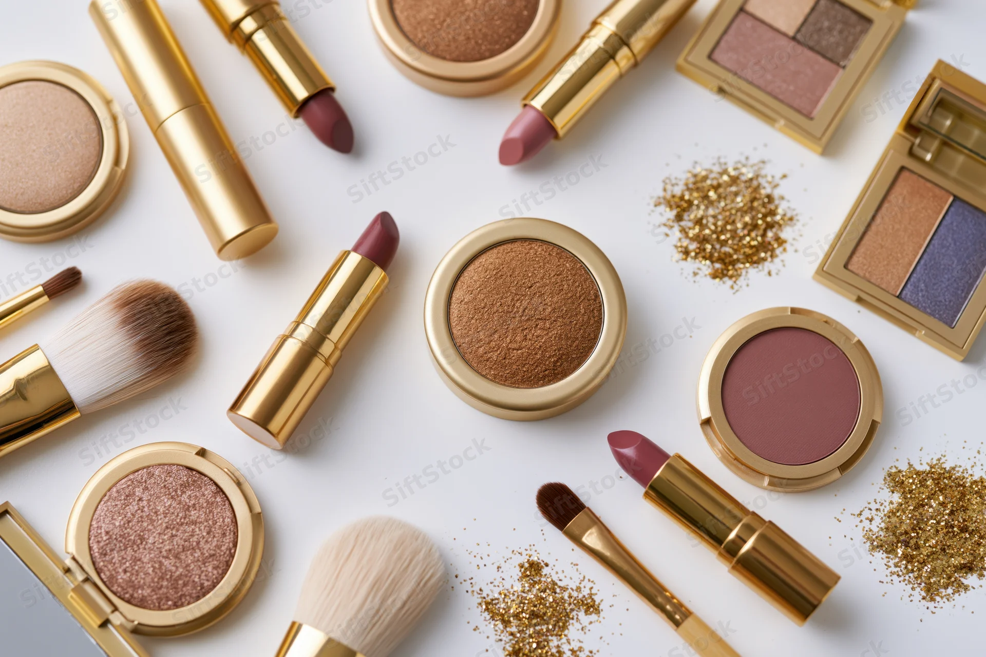 Assorted makeup products arranged in flat lay on white surface