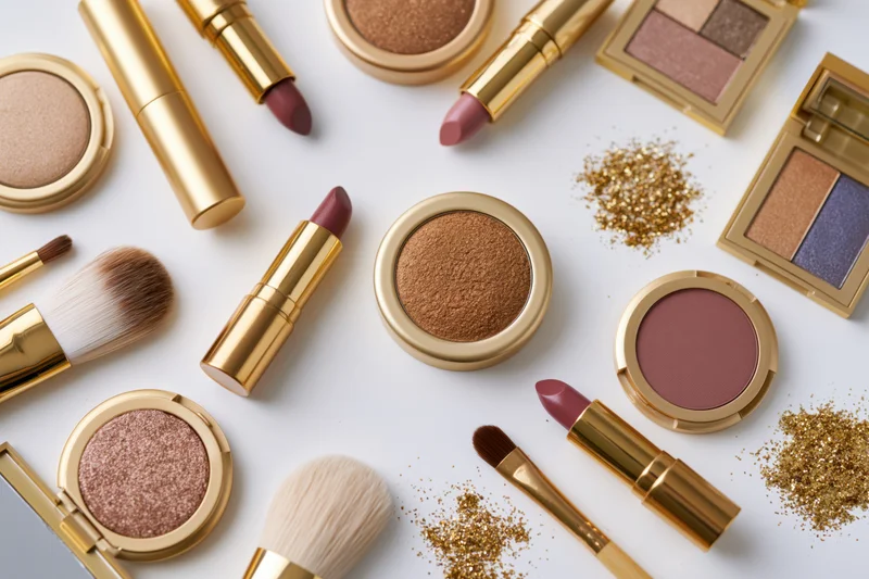Assorted makeup products arranged in flat lay on white surface