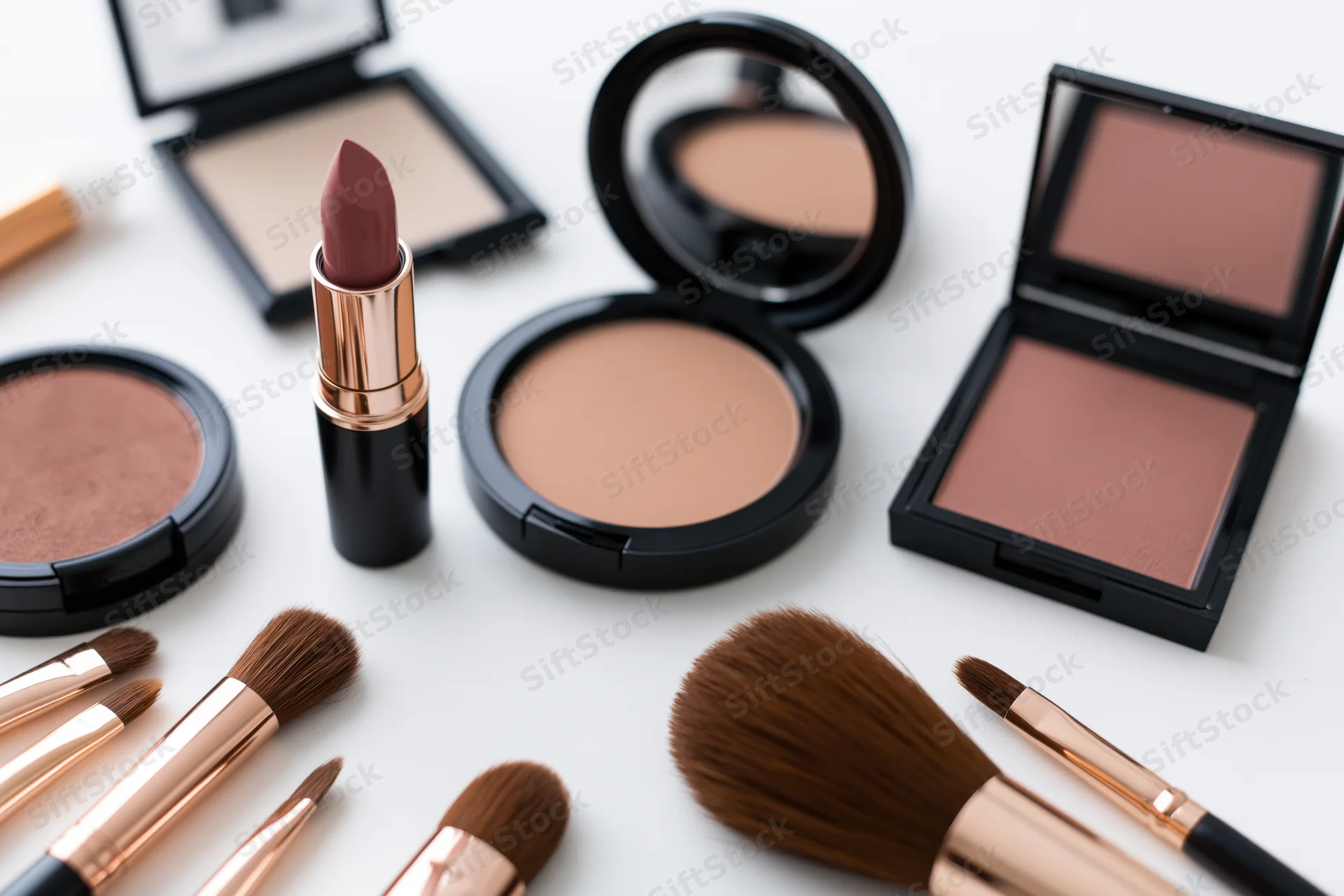 Assorted makeup products including lipstick, blush, powder compacts and brushes arranged on a white surface
