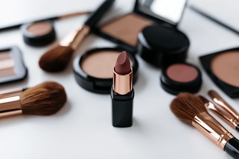 Lipstick and assorted makeup products arranged on a white surface with copyspace