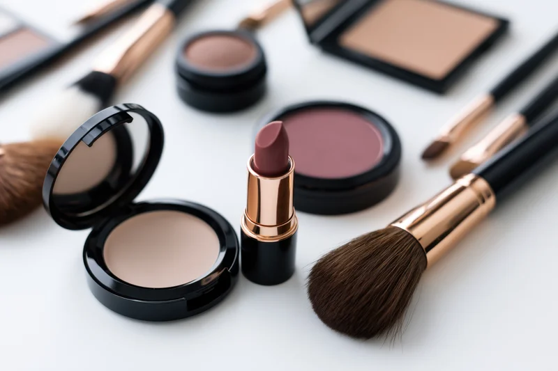 Assorted makeup products including lipstick, brushes, and compacts arranged on a white surface