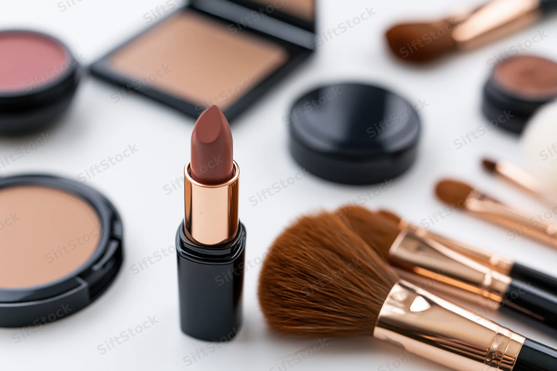 Lipstick and makeup brushes arranged with compacts and powders on white surface