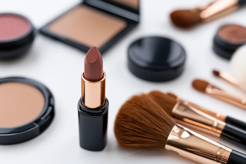 Lipstick and makeup brushes arranged with compacts and powders on white surface