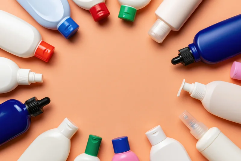 Personal care product bottles and dispensers arranged in a circle on peach background with central copyspace