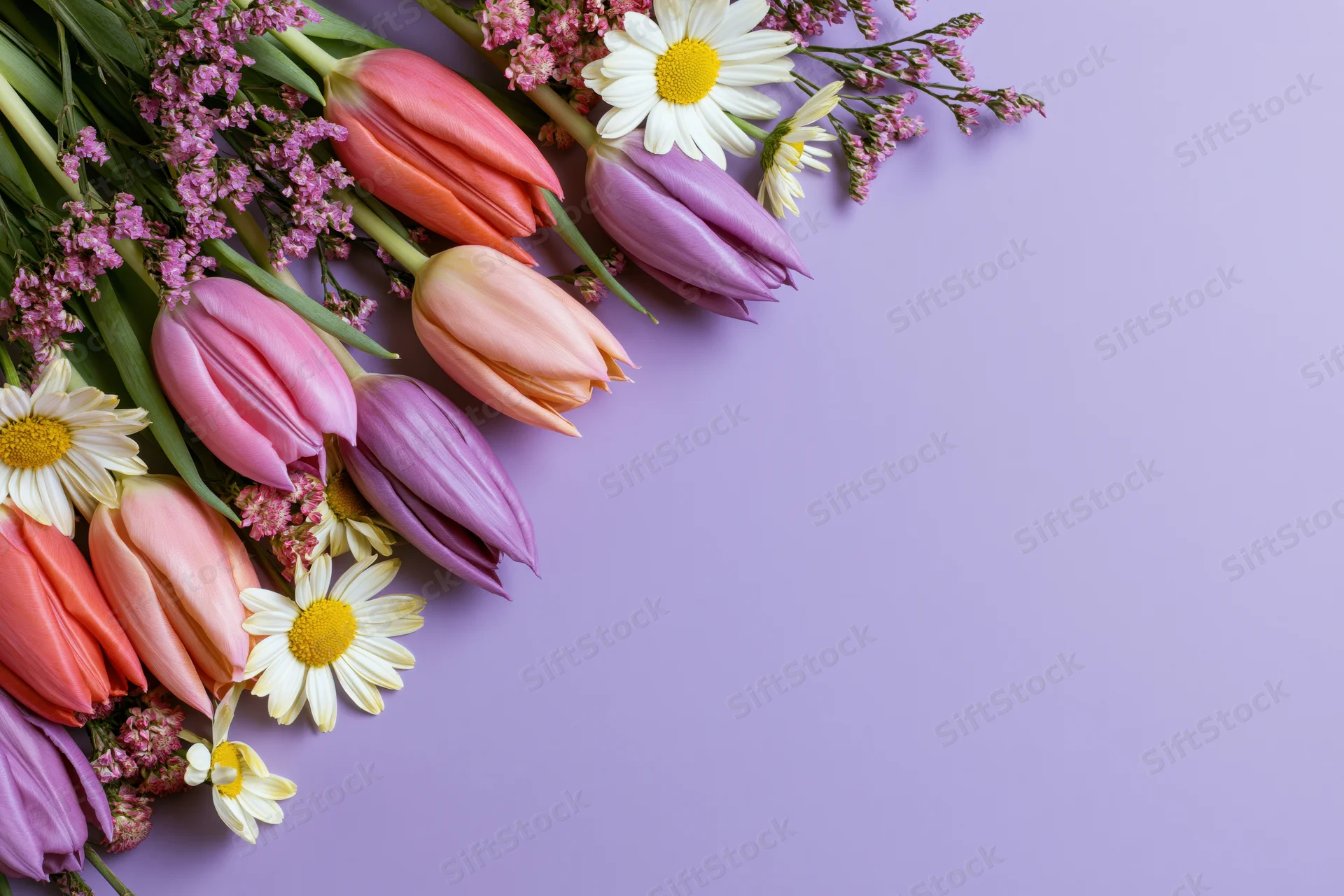 Spring flowers arranged along left edge on lavender background with copyspace