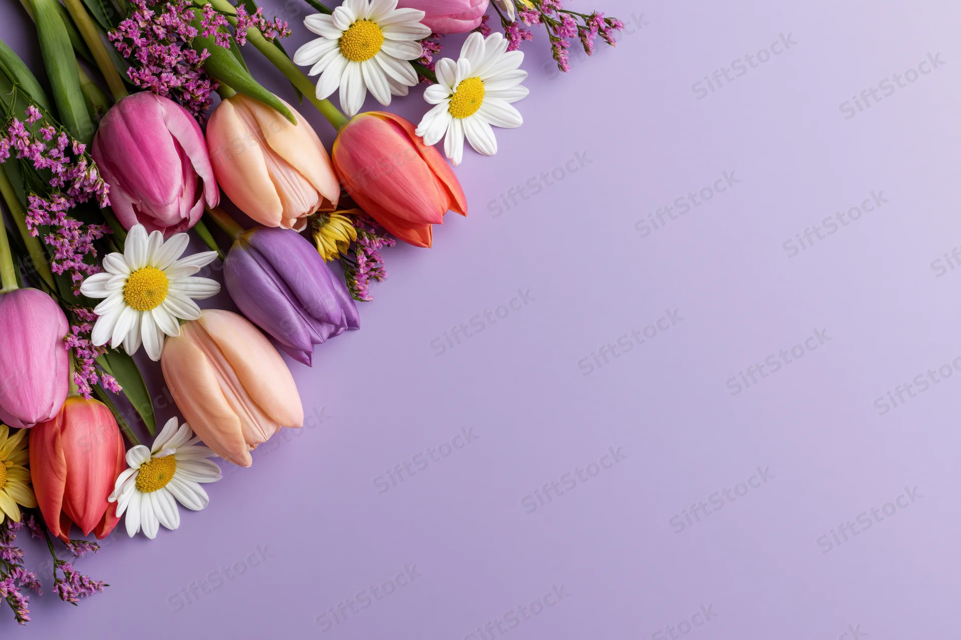 Spring flowers arranged along left edge on purple background with copyspace