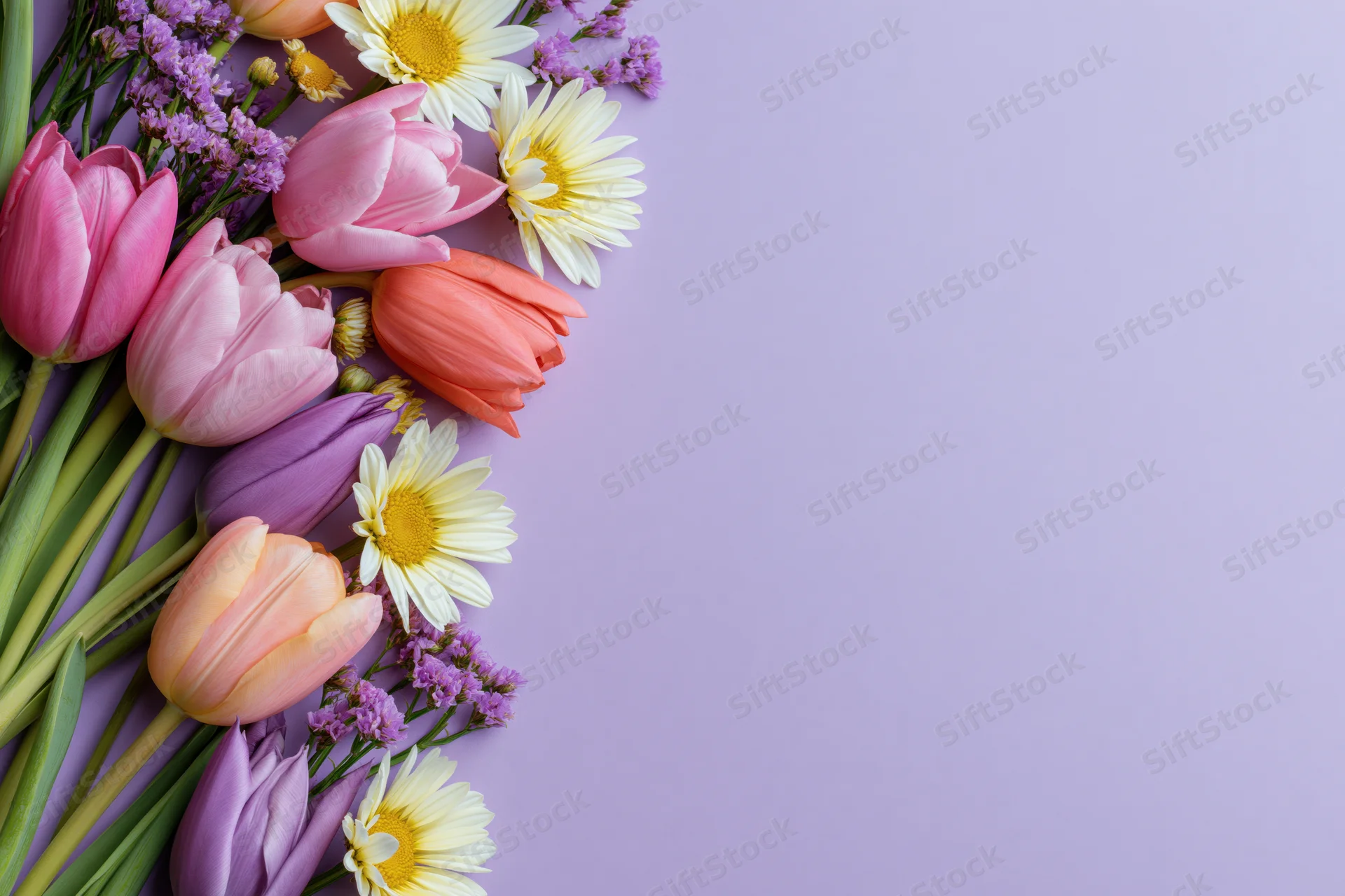 Spring flowers arranged along left edge on purple background