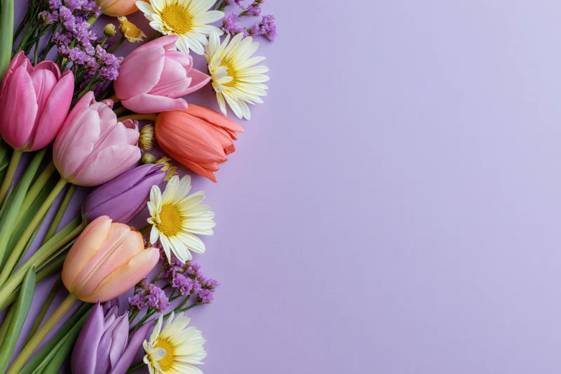 Spring flowers arranged along left edge on purple background