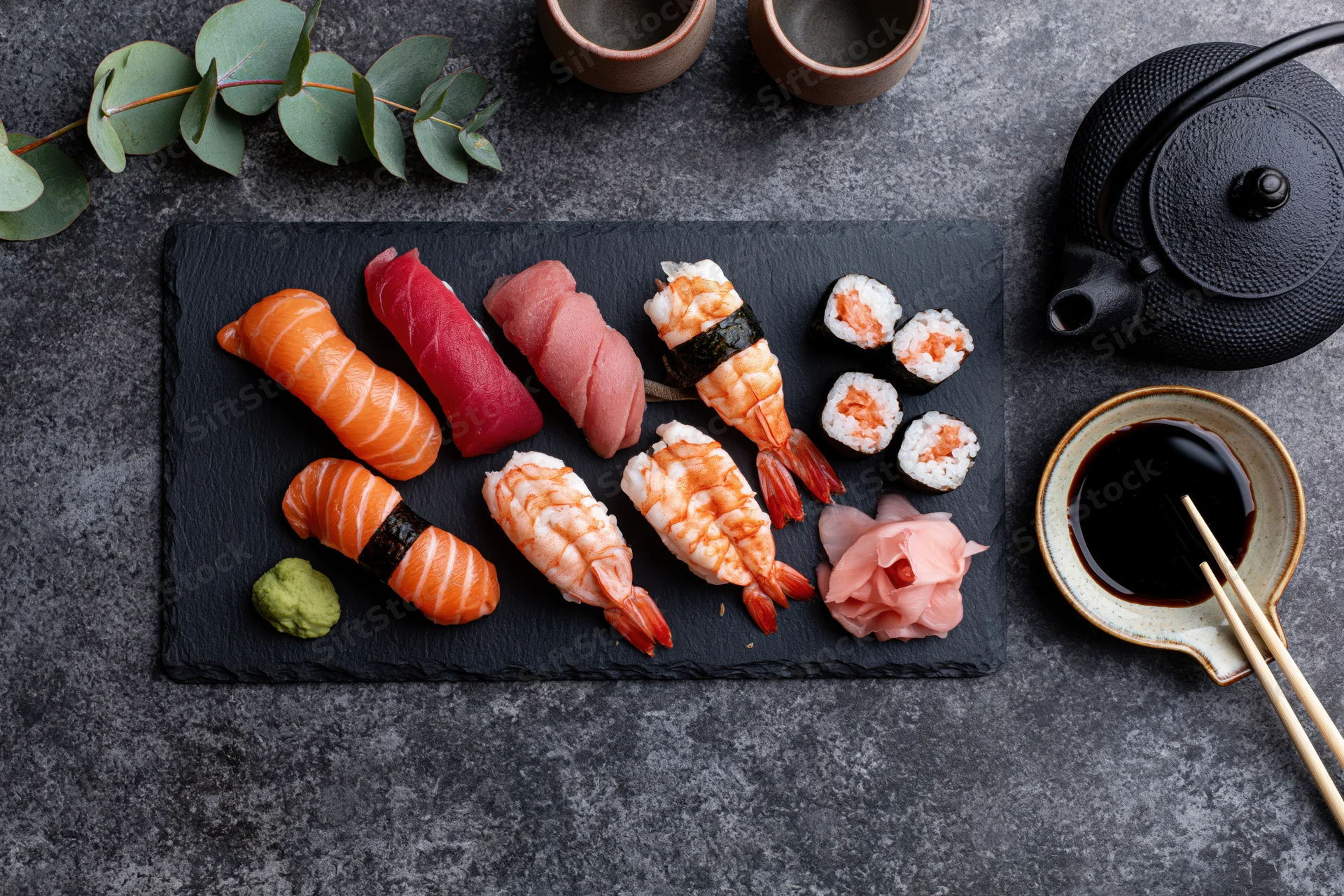 Assorted sushi arranged on a black slate platter with soy sauce, chopsticks and garnishes