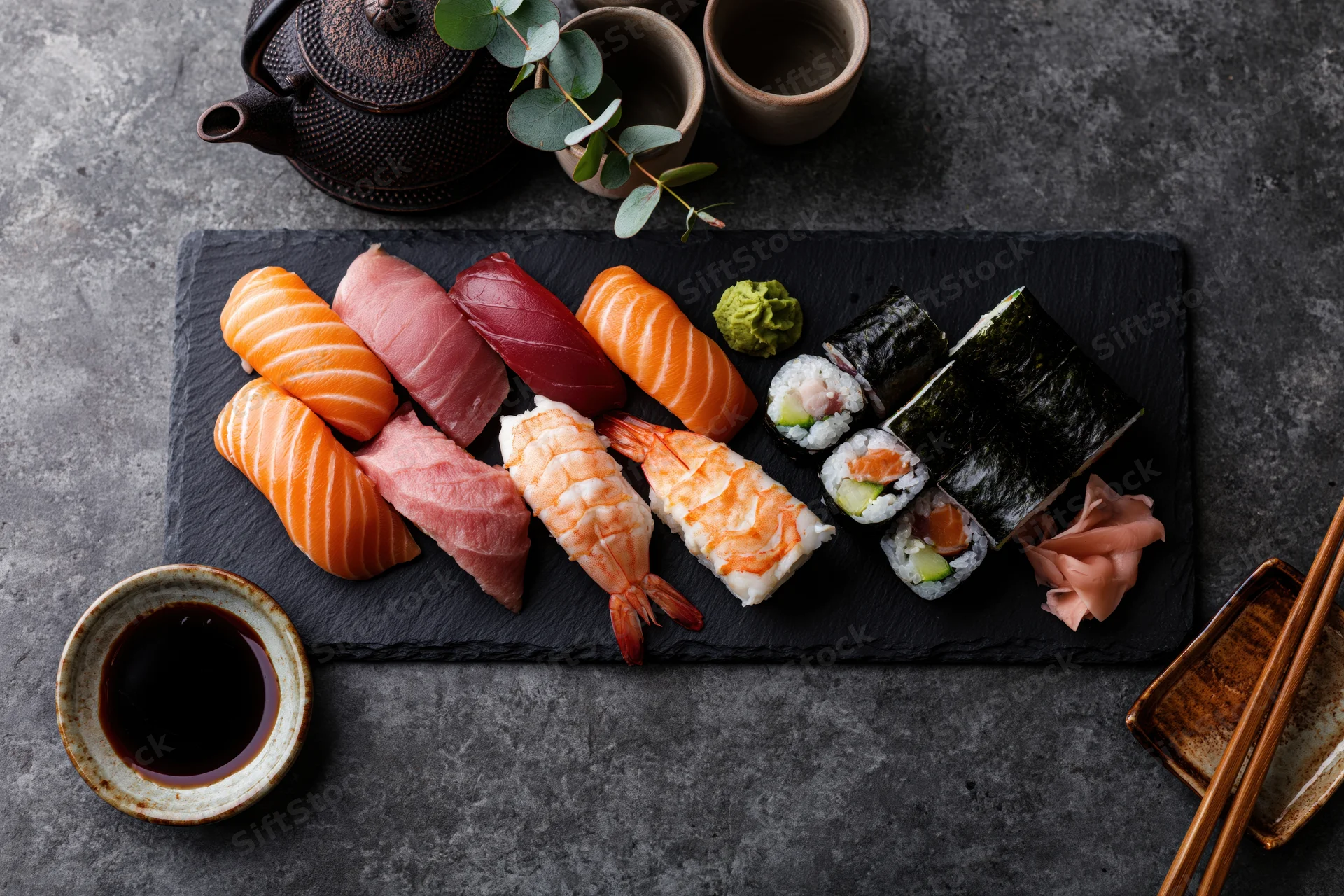 Assorted sushi arranged on a black slate platter with soy sauce and chopsticks