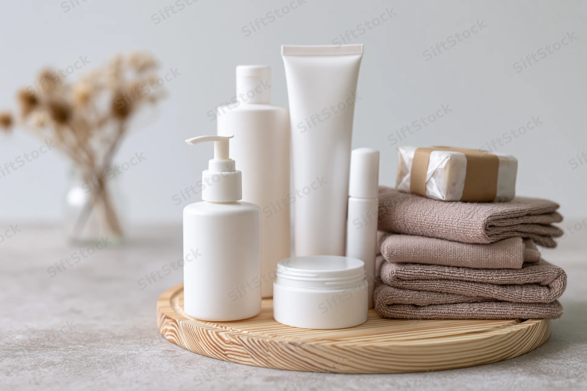 White skincare and body care containers arranged on a wooden tray with folded towels and soap, on a countertop