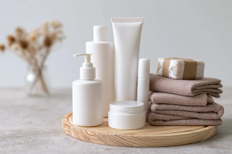White skincare and body care containers arranged on a wooden tray with folded towels and soap, on a countertop