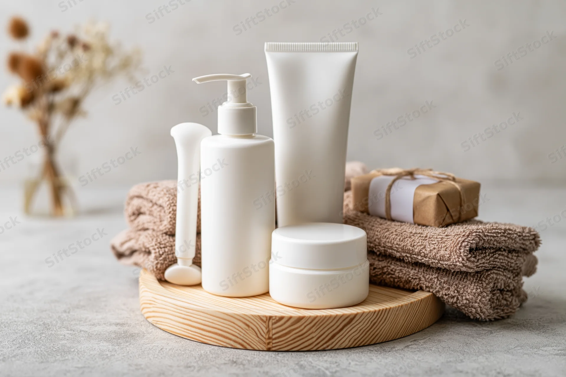 White skincare containers arranged on a wooden tray with towels and a gift box