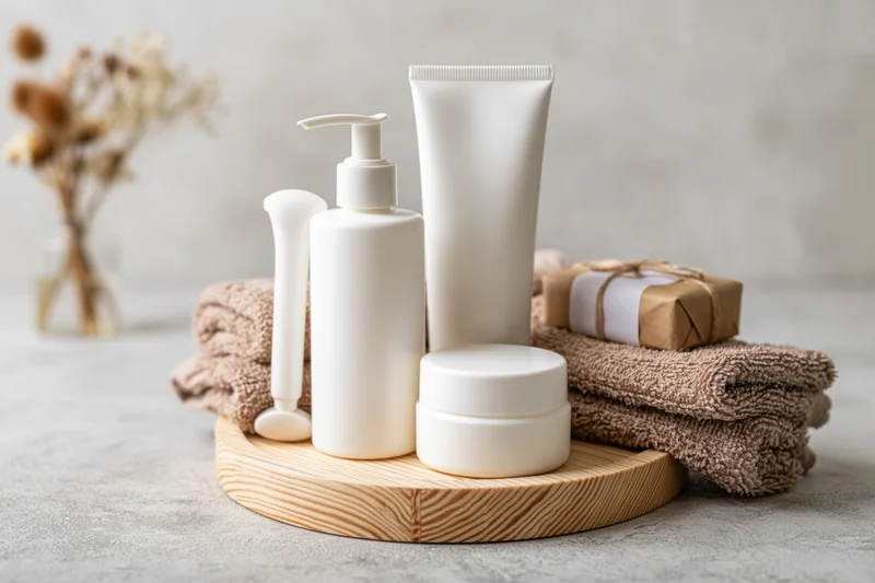 White skincare containers arranged on a wooden tray with towels and a gift box