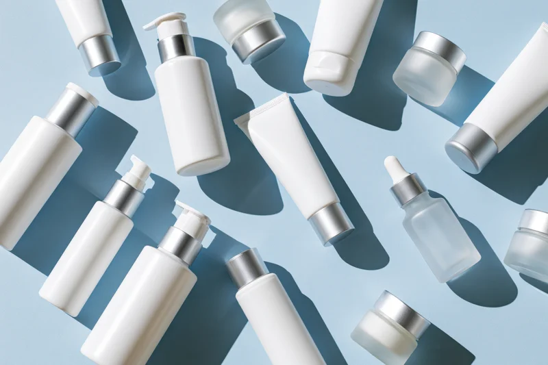 Assorted white skincare bottles tubes and jars with silver caps arranged on light blue background
