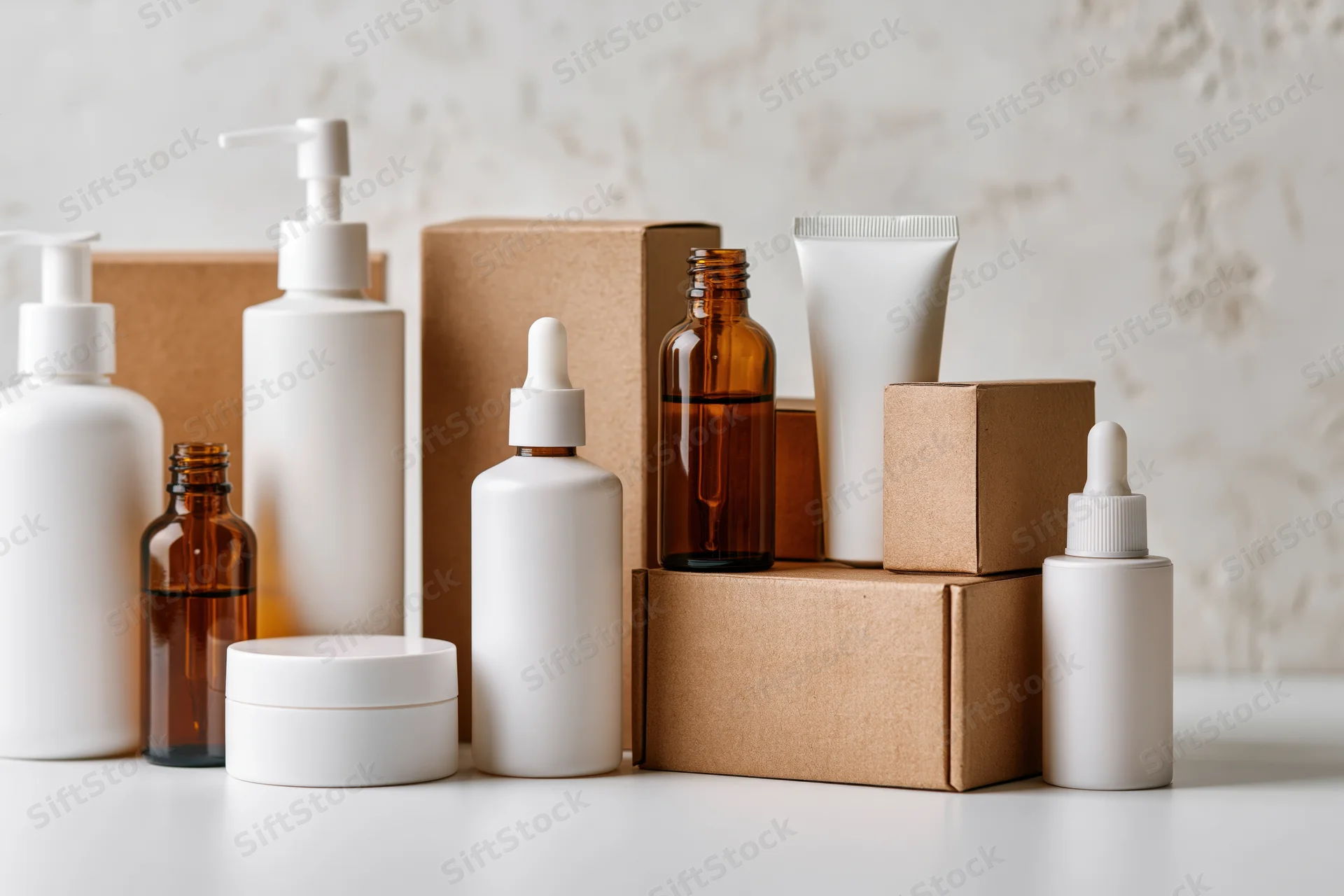 Skincare product containers arranged on a white surface with copyspace