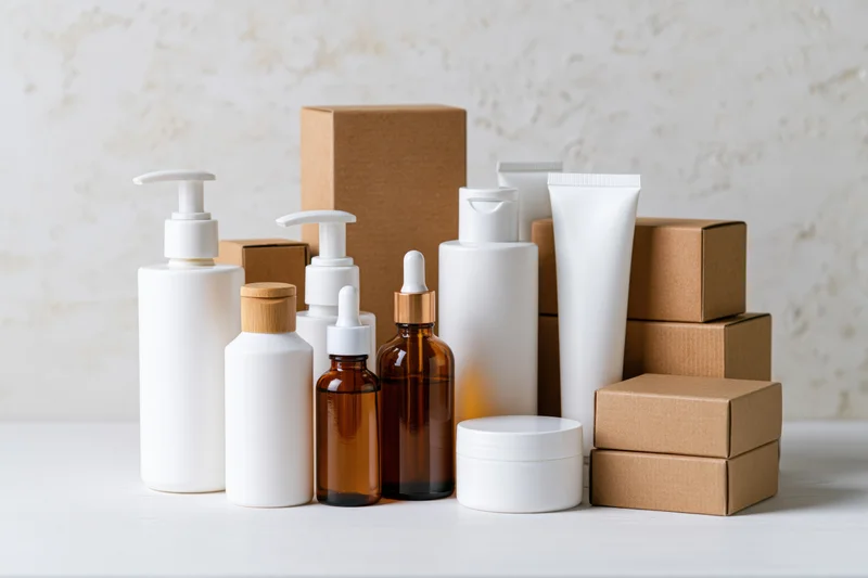 Skincare product containers arranged on a white surface with cardboard boxes and minimalist packaging