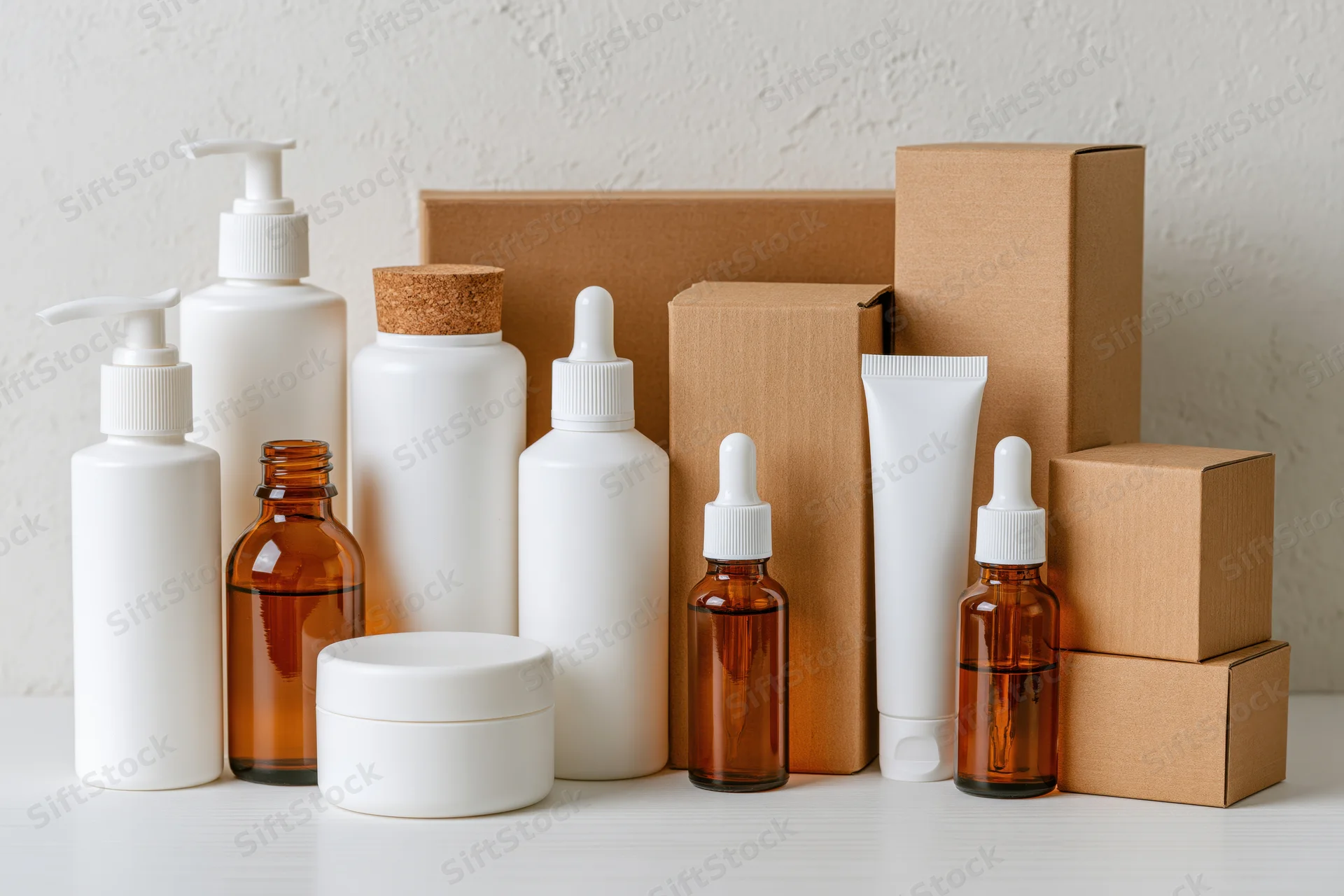 Skincare product containers arranged on a white surface with cardboard boxes