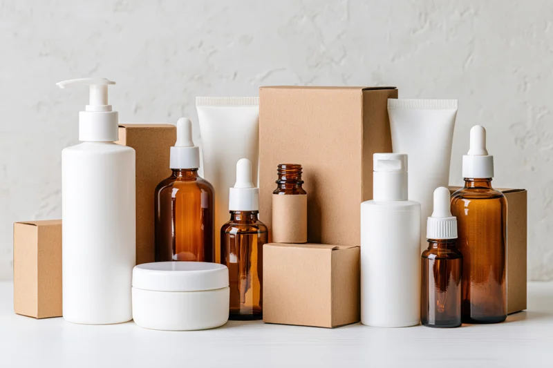 Skincare product containers arranged on a white surface with copyspace