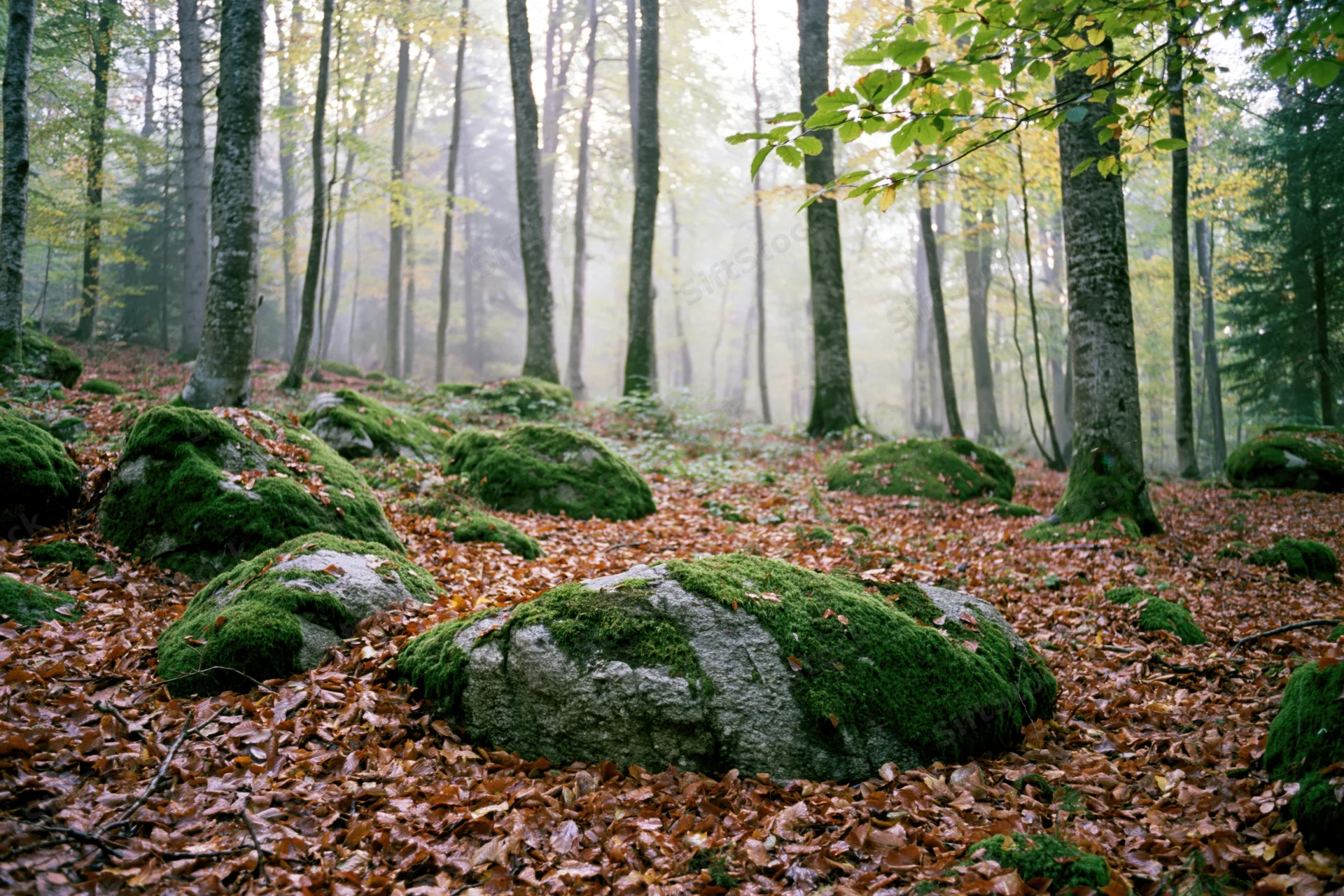 Moss-covered boulders among fallen leaves in a misty deciduous forest interior