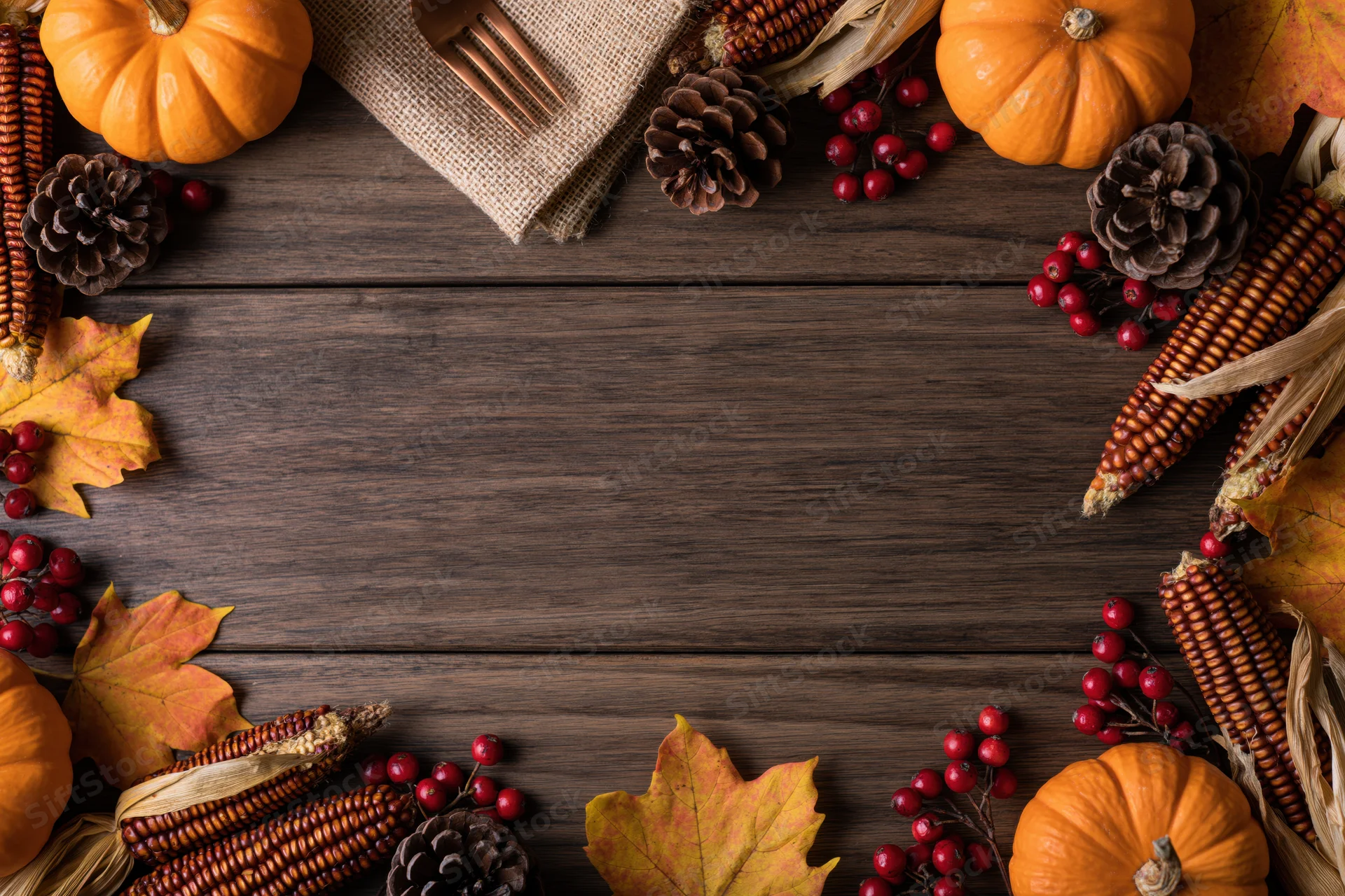 Autumn harvest flat lay with pumpkins, corn, pinecones and leaves arranged around a wooden table, leaving central copyspace