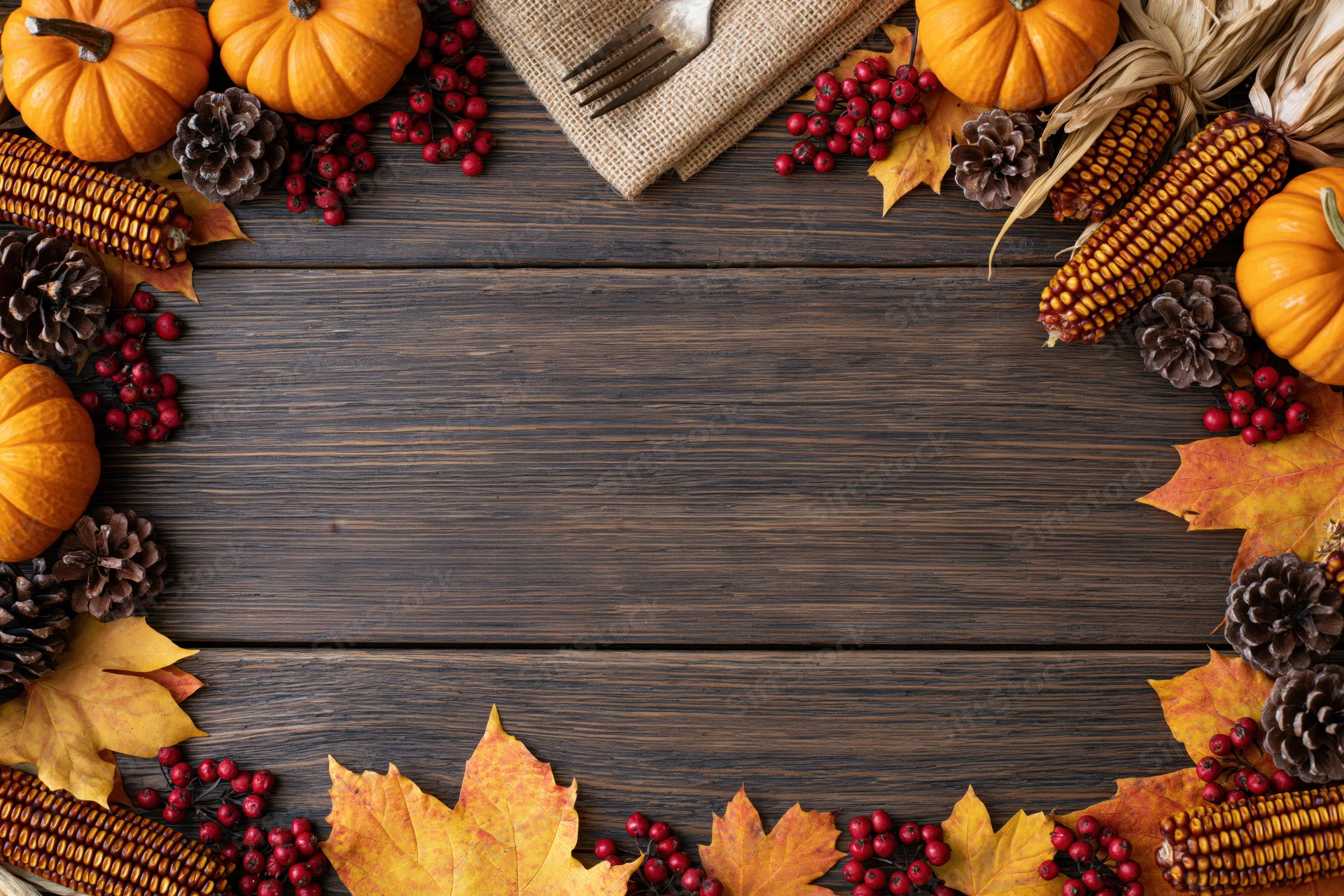 Autumn harvest flat lay with pumpkins, corn, leaves and berries arranged around a dark wooden table, leaving central copyspace