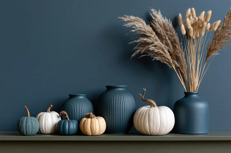 Autumn still life with pumpkins and vases arranged on a dark olive shelf