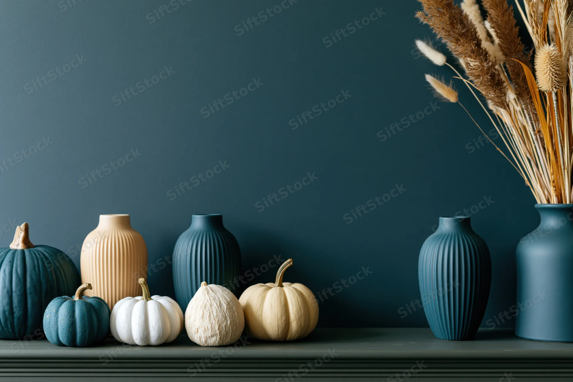 Autumn still life with pumpkins and vases arranged on a dark olive shelf