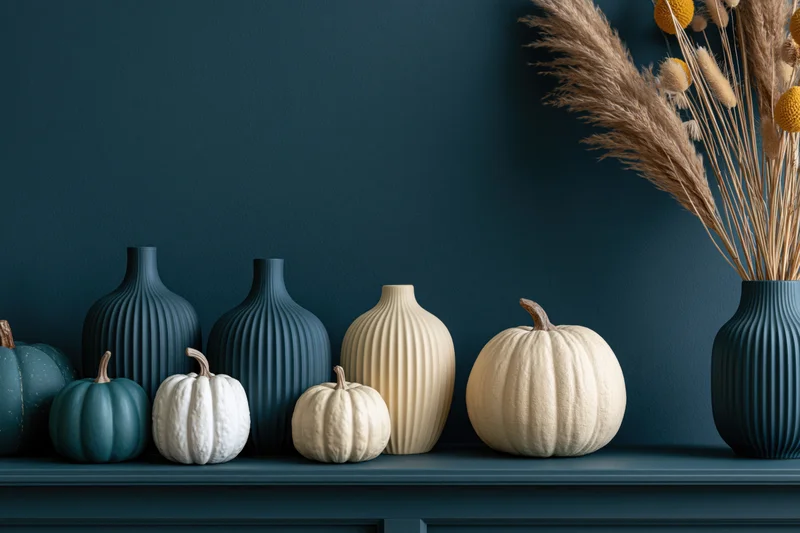 Pumpkins and ribbed vases arranged on a dark blue shelf with dried pampas grass in a vase