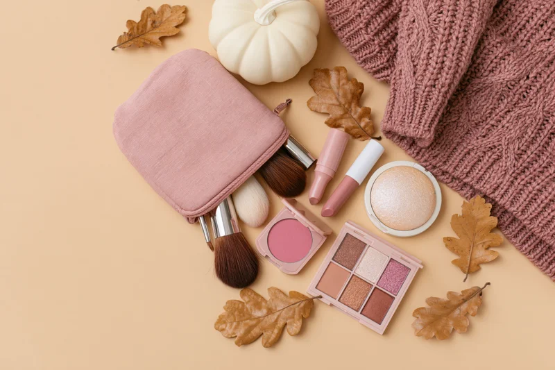 Autumn makeup flat lay with pink cosmetics, knitted sweater, pumpkin and leaves on beige surface