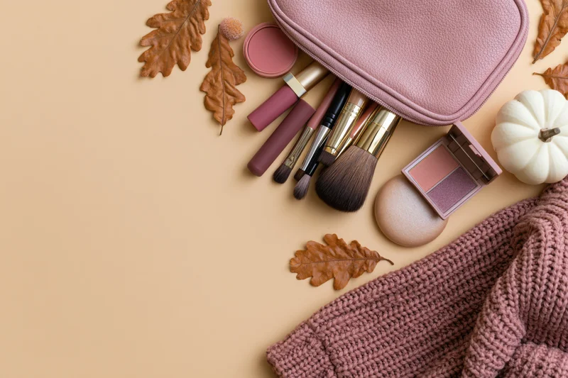 Autumn makeup flat lay with brushes, blush, lipstick and leaves on beige surface beside knitted sweater and white pumpkin