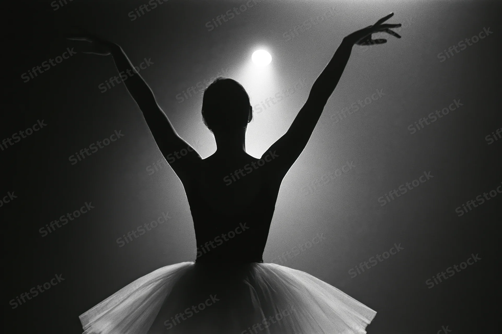 Ballerina silhouette from behind with arms raised overhead under spotlight on stage