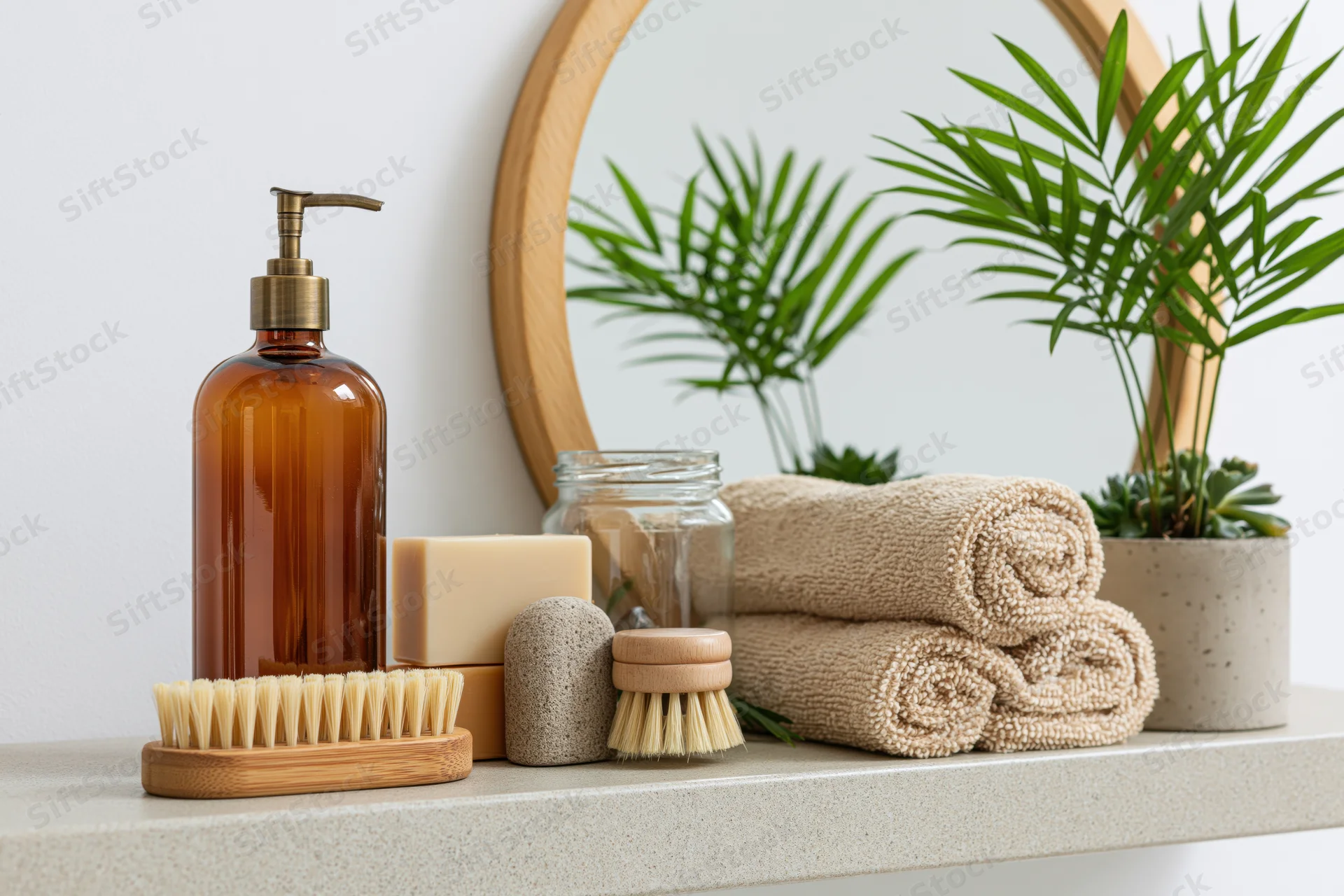 Bathroom shelf with amber glass pump bottle, bar soap, rolled towels, and plants arranged on countertop