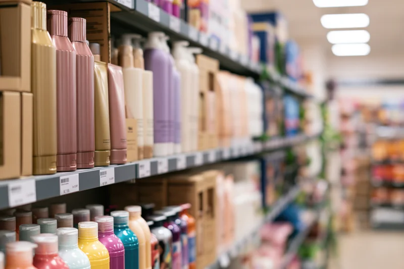 Rows of shampoo bottles on shelves in a beauty supply store