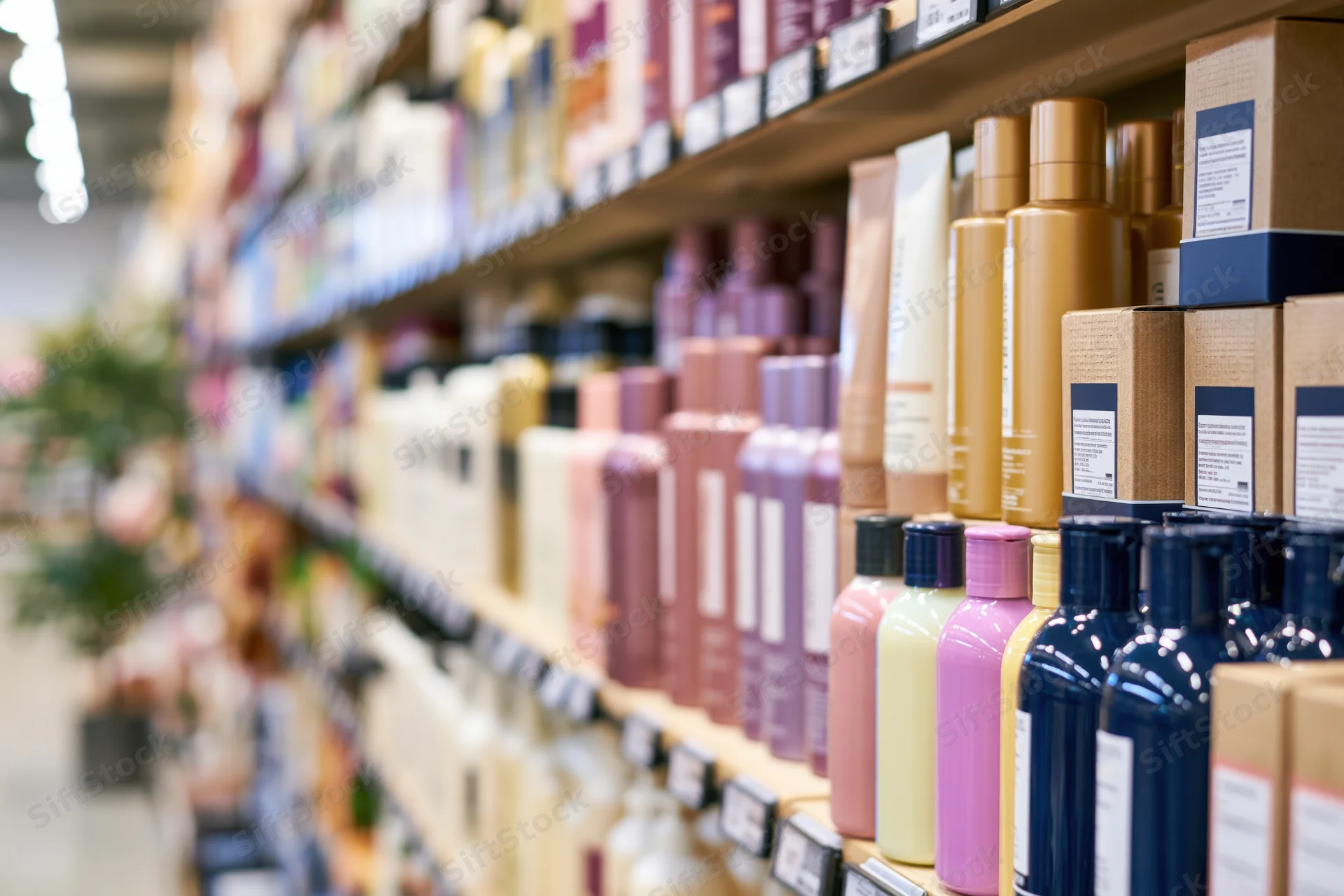 Rows of shampoo bottles and boxes arranged on shelves in a beauty supply store