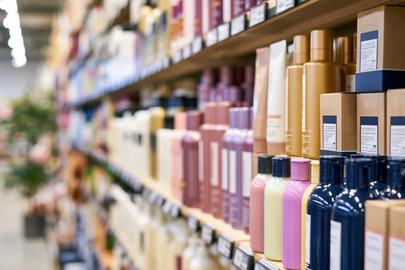 Rows of shampoo bottles and boxes arranged on shelves in a beauty supply store