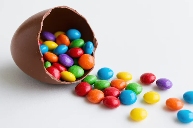 Broken chocolate easter egg spilling colorful candy onto white surface