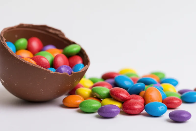 Broken chocolate easter egg shell spilling colorful candycoated sweets onto white surface