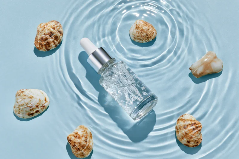 Clear glass dropper bottle with silver cap and seashells on rippled blue surface