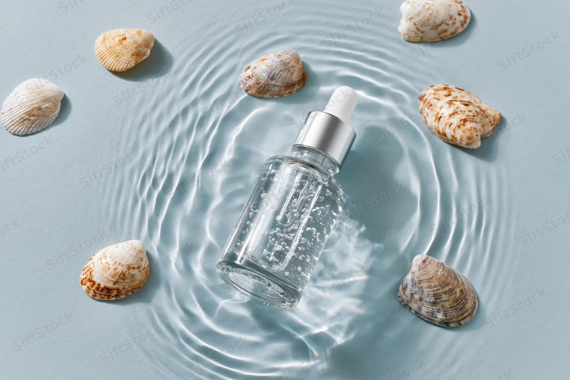 Clear glass dropper bottle with silver cap partially submerged in rippling water surrounded by seashells on a light blue surface