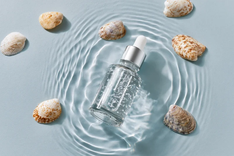 Clear glass dropper bottle with silver cap partially submerged in rippling water surrounded by seashells on a light blue surface