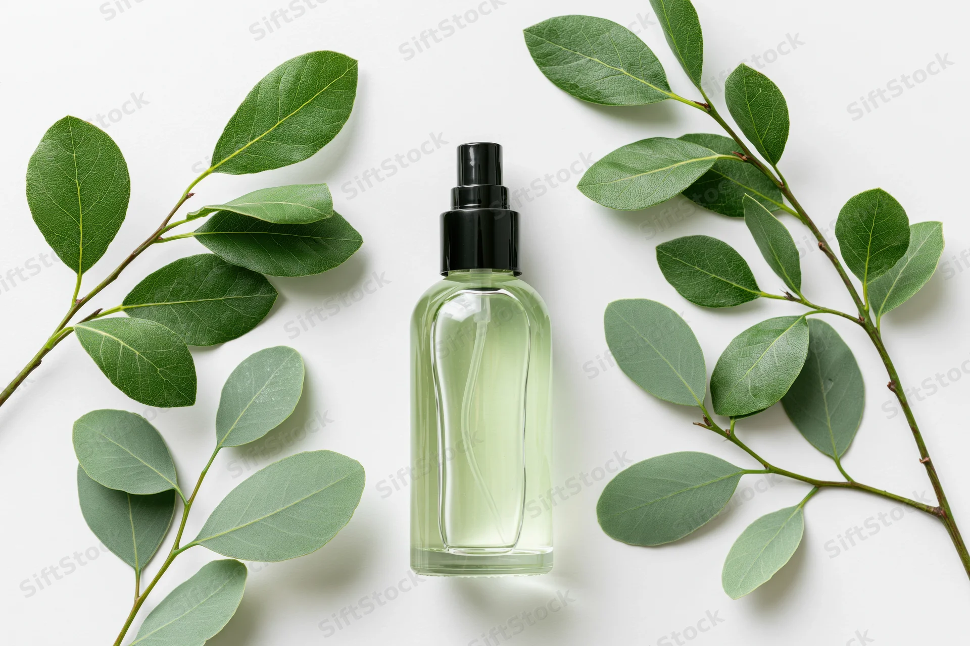 Clear glass spray bottle with pale green liquid and black pump surrounded by green leaves on white surface