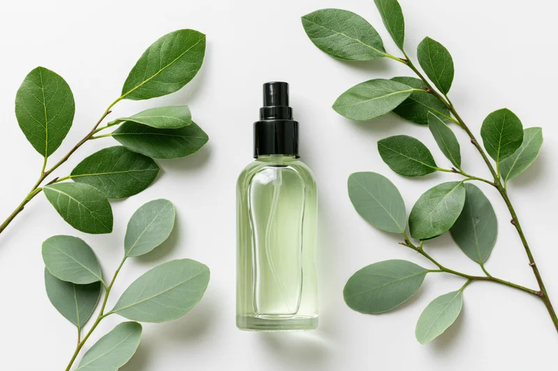 Clear glass spray bottle with pale green liquid and black pump surrounded by green leaves on white surface