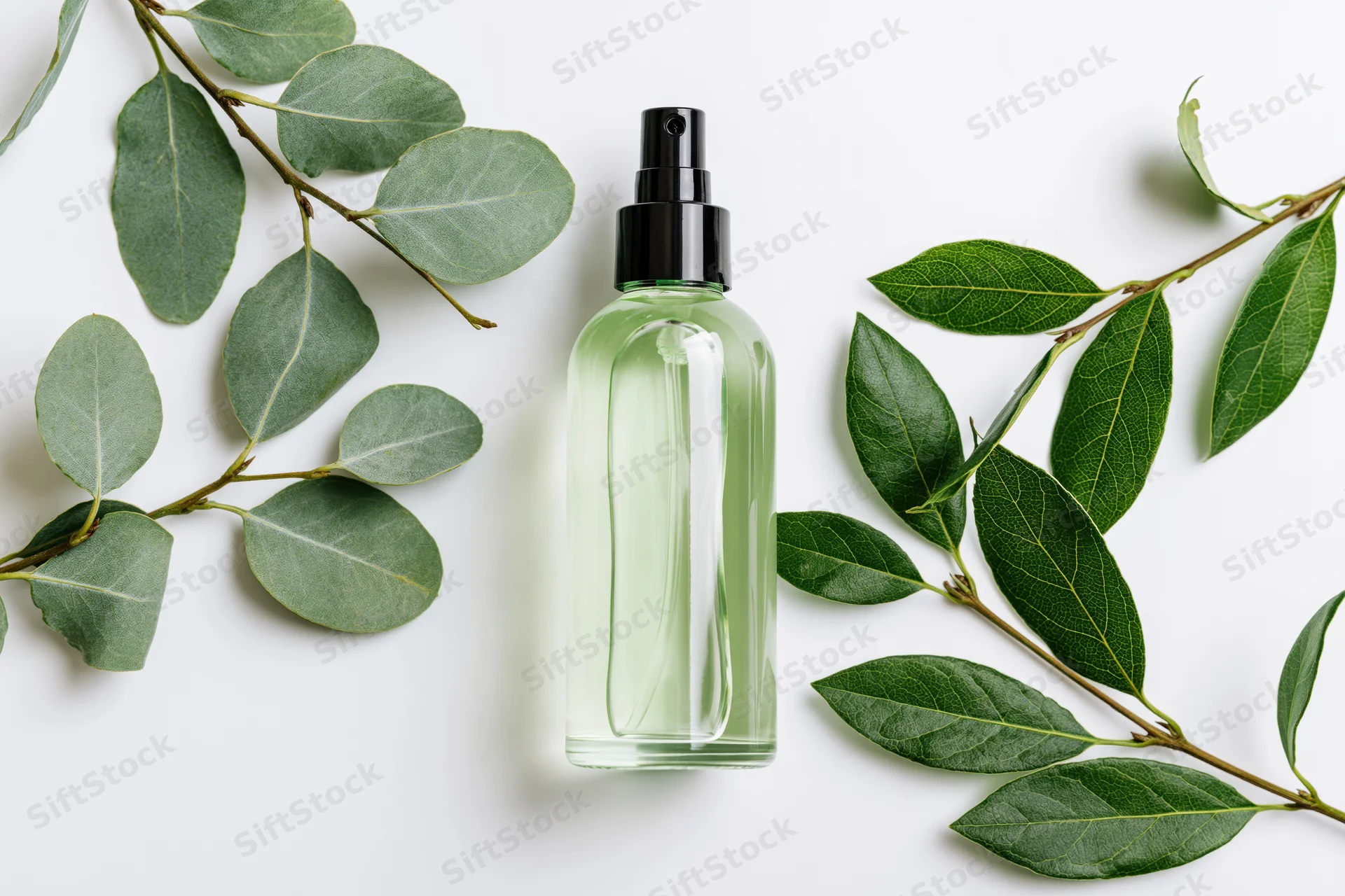 Clear glass spray bottle with pale green liquid and black pump surrounded by green leaves on white surface