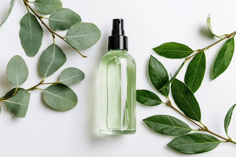Clear glass spray bottle with pale green liquid and black pump surrounded by green leaves on white surface