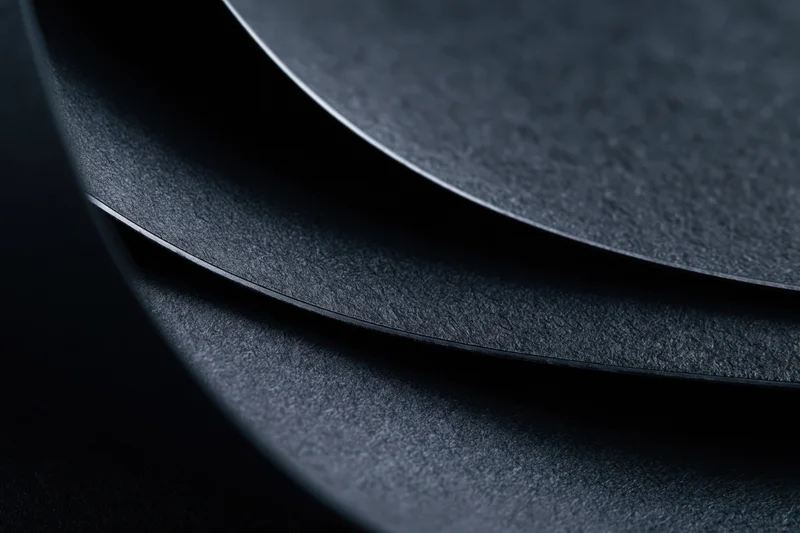 Close-up of layered black cardstock sheets showing curved edges and textured surface