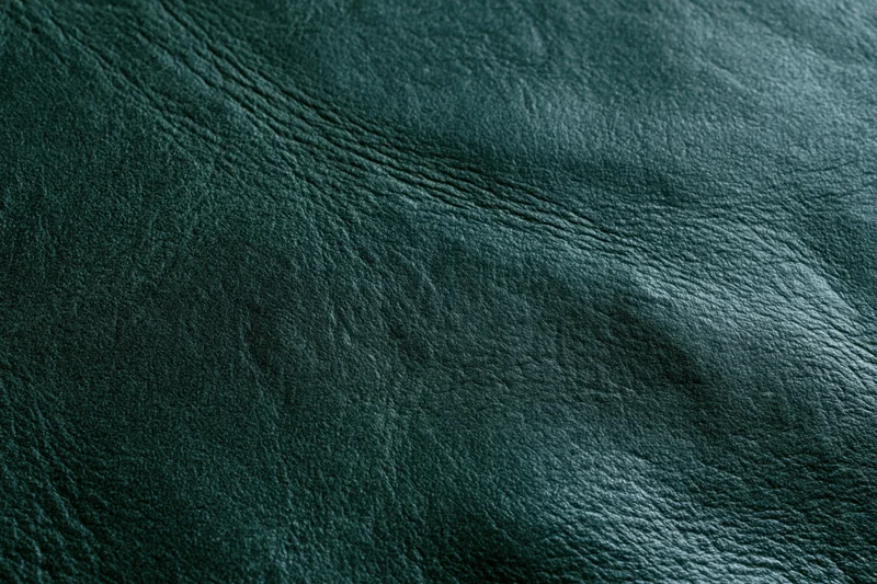 Close-up of dark forest green leather surface showing natural grain and texture