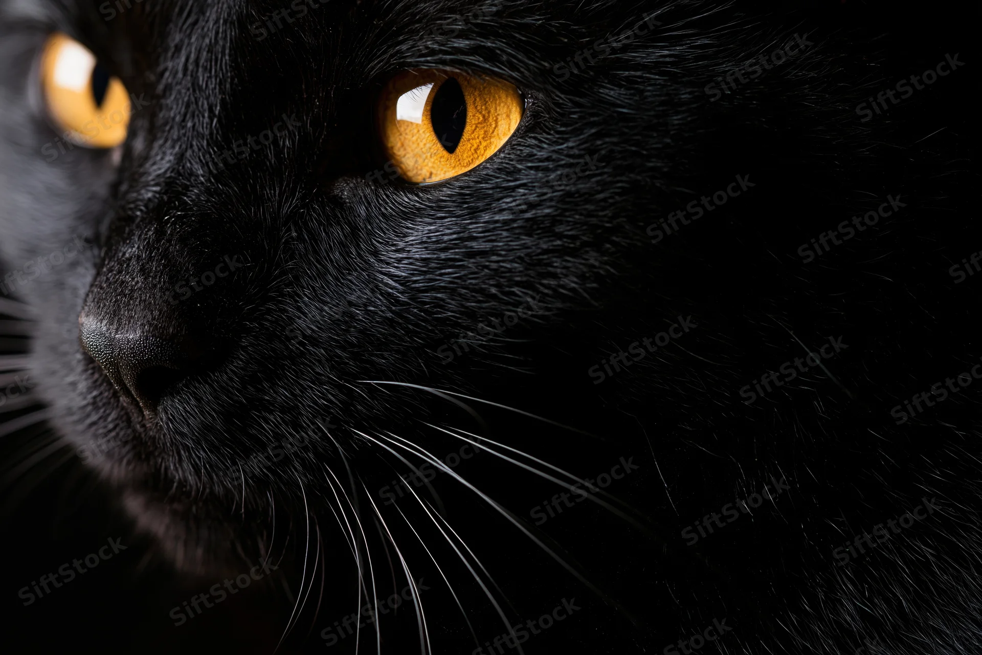 Close-up of a black cat's right side face showing intense yellow eyes and fur texture in studio lighting