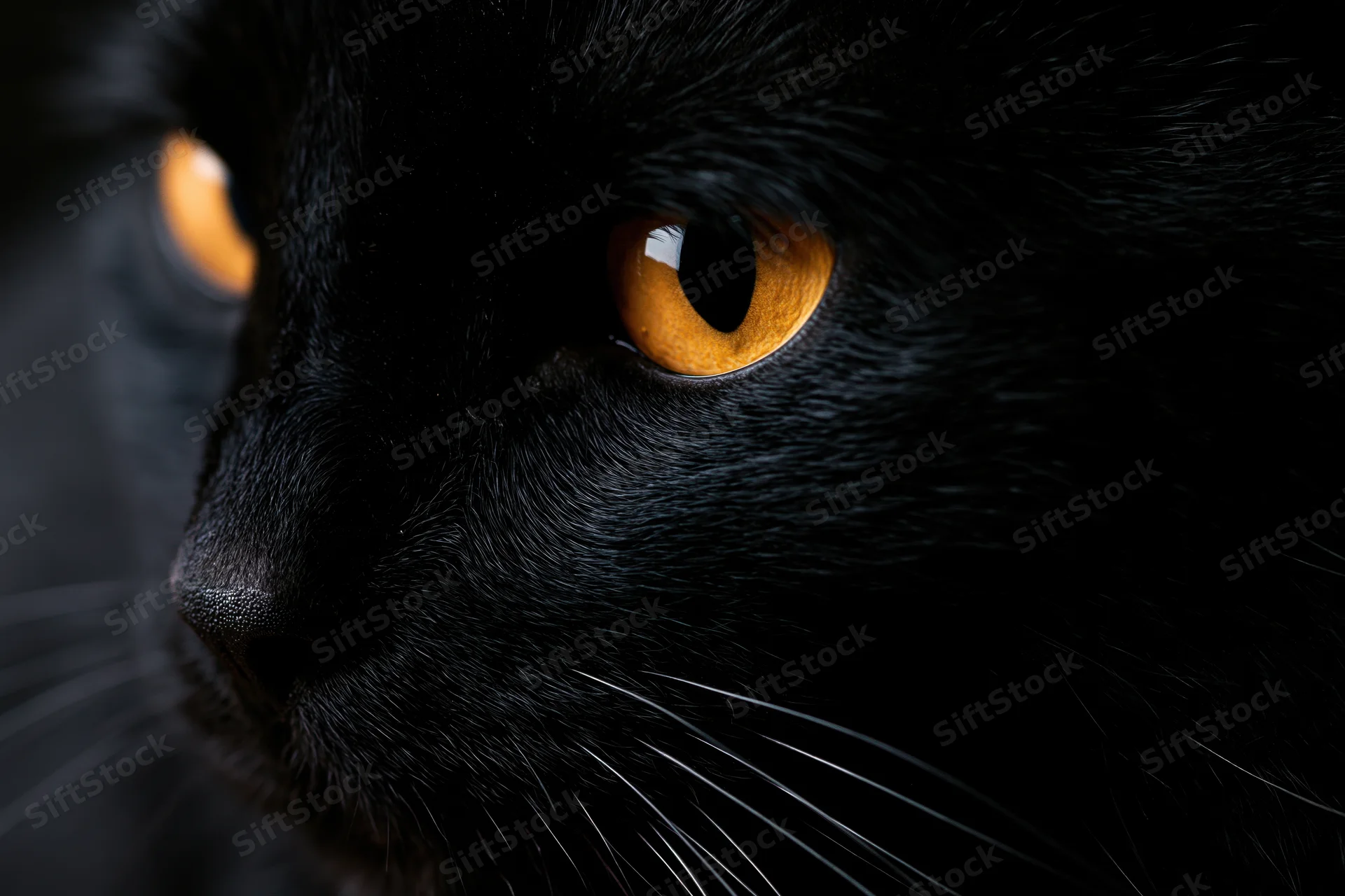 Close-up profile of a black cat’s face showing orange eyes and whiskers in shadowed lighting